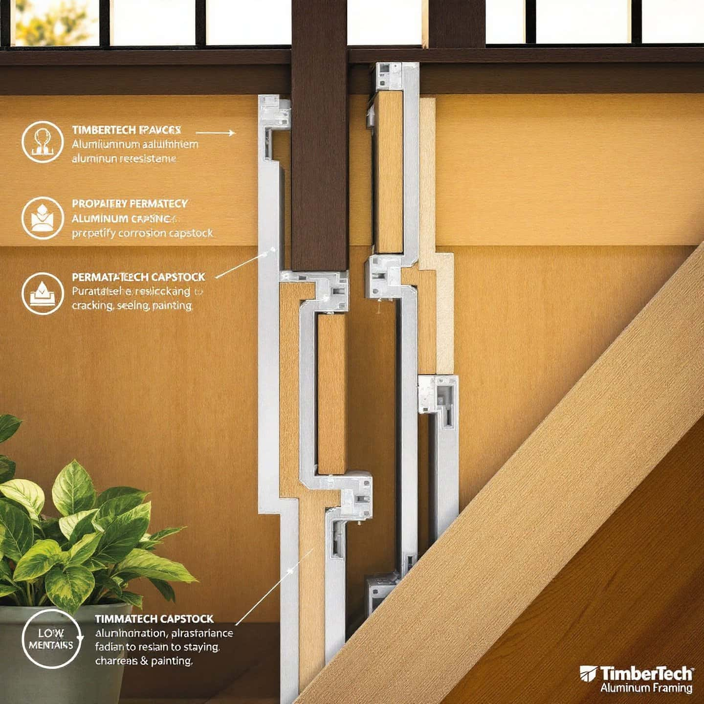 cross section of a deck using timbertech aluminum framing showcasing its durability and eco friendly features