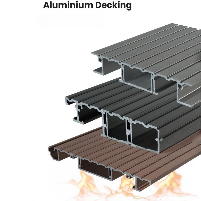 Aluminium decking boards with 3D wood grain finish for modern terraces